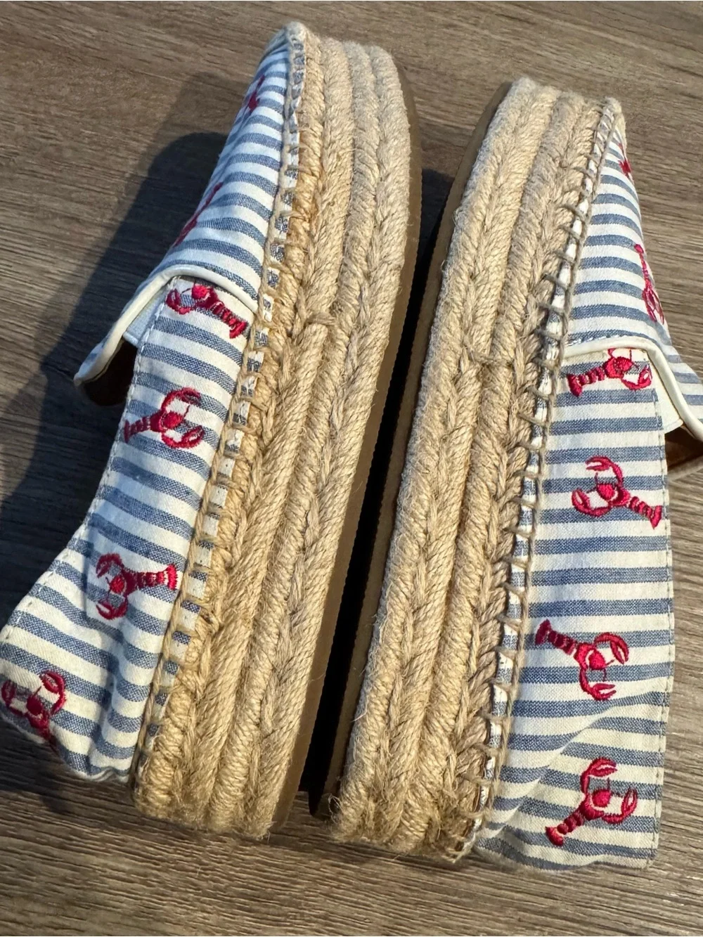 Talbots Blue and White Striped Slip-On Espadrilles with Embroidered Lobsters